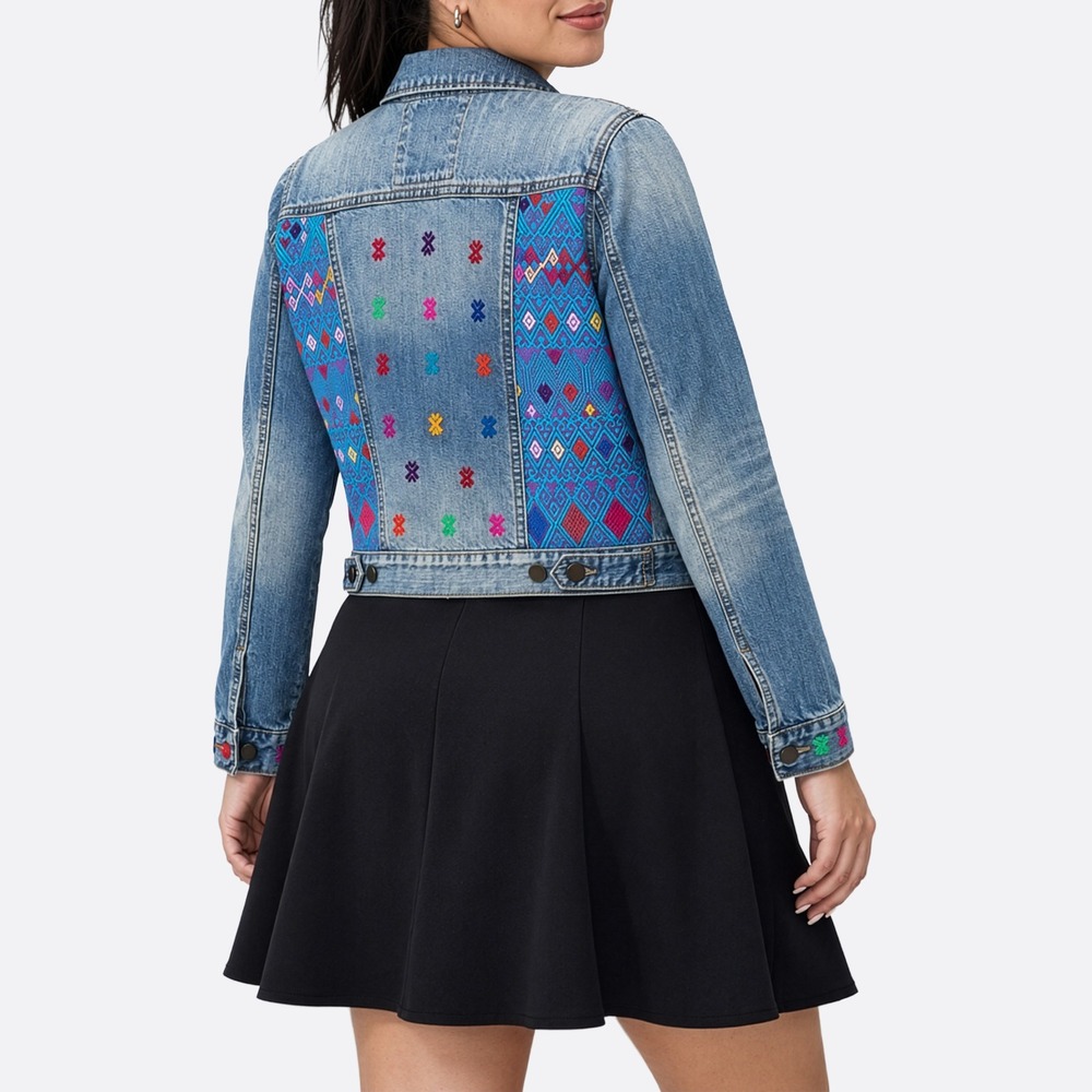 Huipil Style Embroidered Boho Denim Trucker Jacket M/L Folk Art Distressed Blue